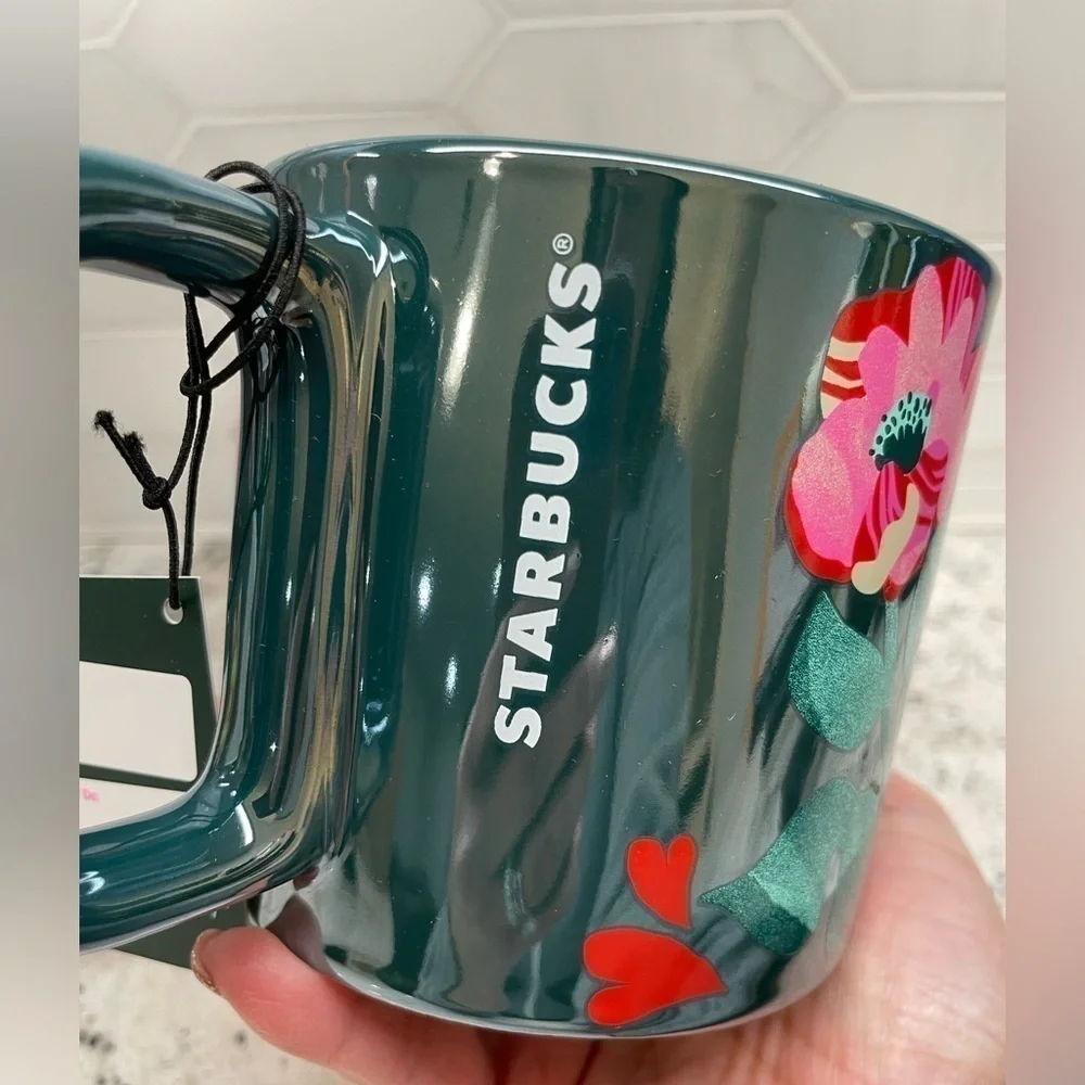 Starbucks 2024 Dark Blue Flora Hearts Ceramic Mug. Iridescent sheen. NWT!